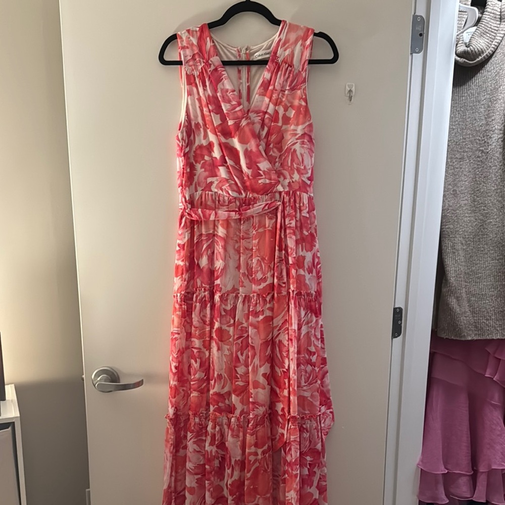 Calvin Klein Pink Maxi Sundress with V-neck Sleeveless Design and Tie Front